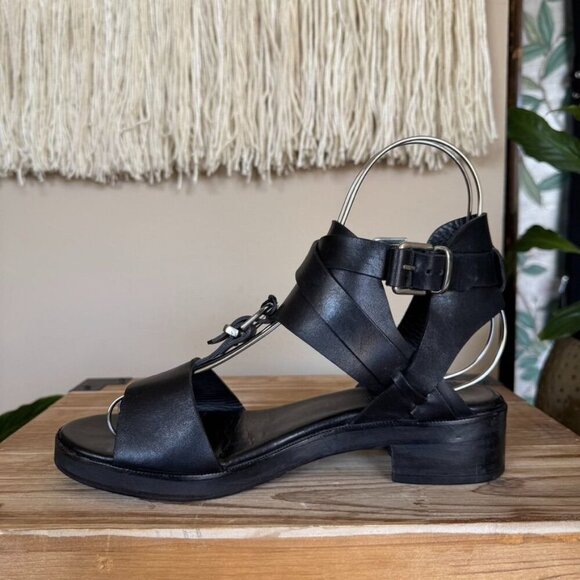 Surface to Air Black Leather Double Ankle Wrap Silver Buckle Block Heel Sandal - Picture 6 of 15